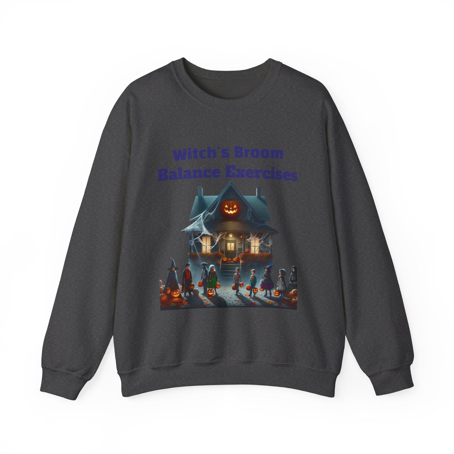 Halloween-Themed Crewneck Sweatshirt with Witch's Broom Balance Exercises