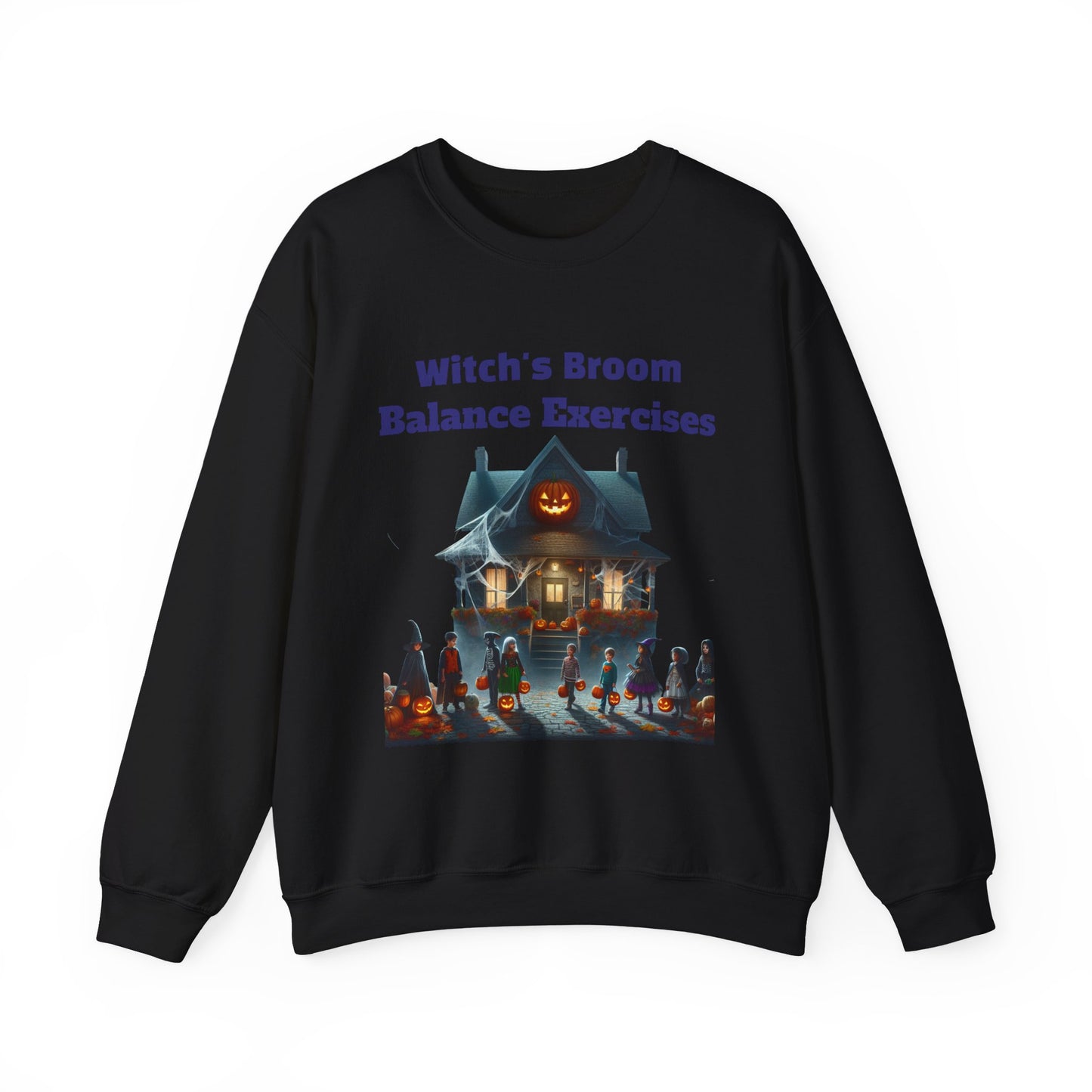 Halloween-Themed Crewneck Sweatshirt with Witch's Broom Balance Exercises