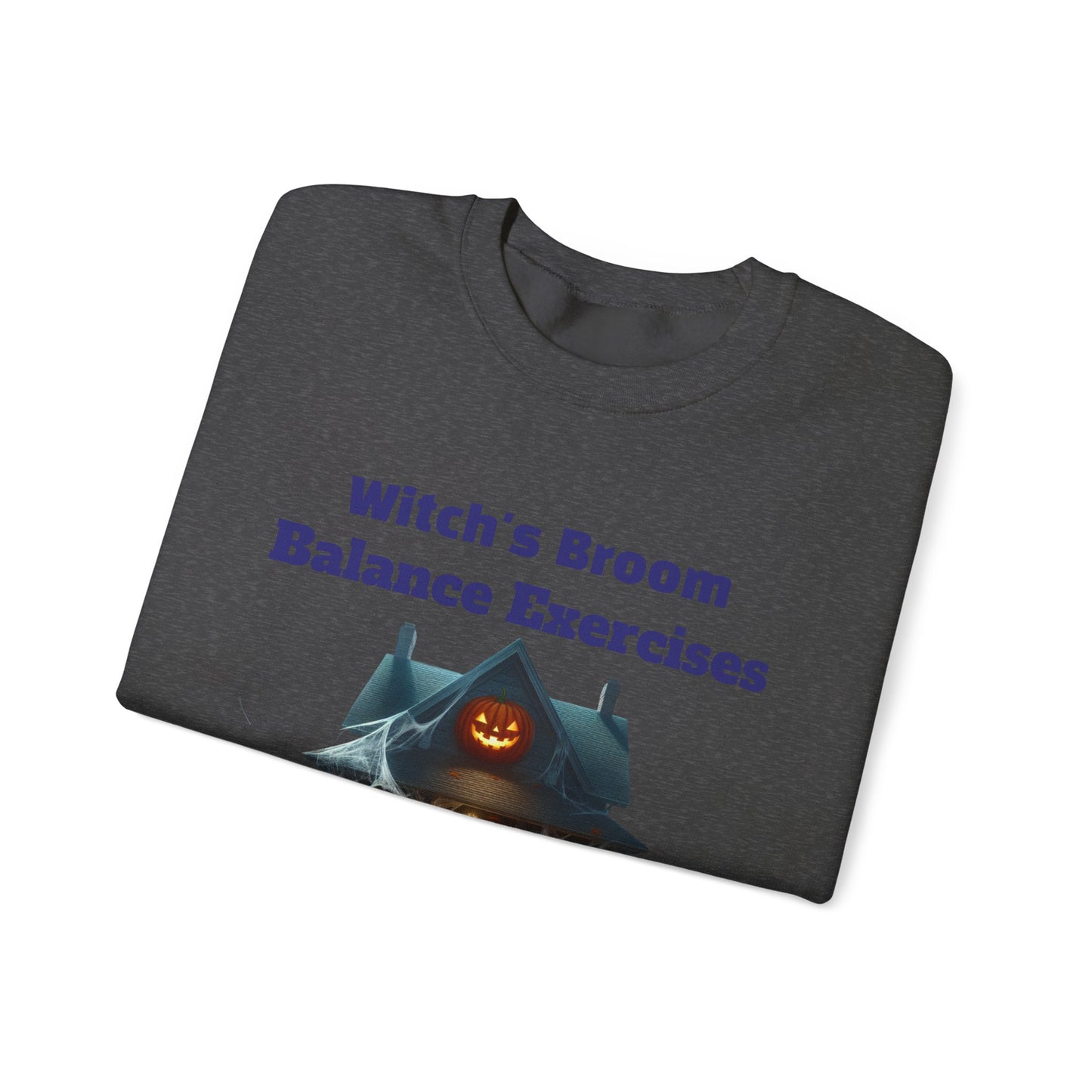 Halloween-Themed Crewneck Sweatshirt with Witch's Broom Balance Exercises