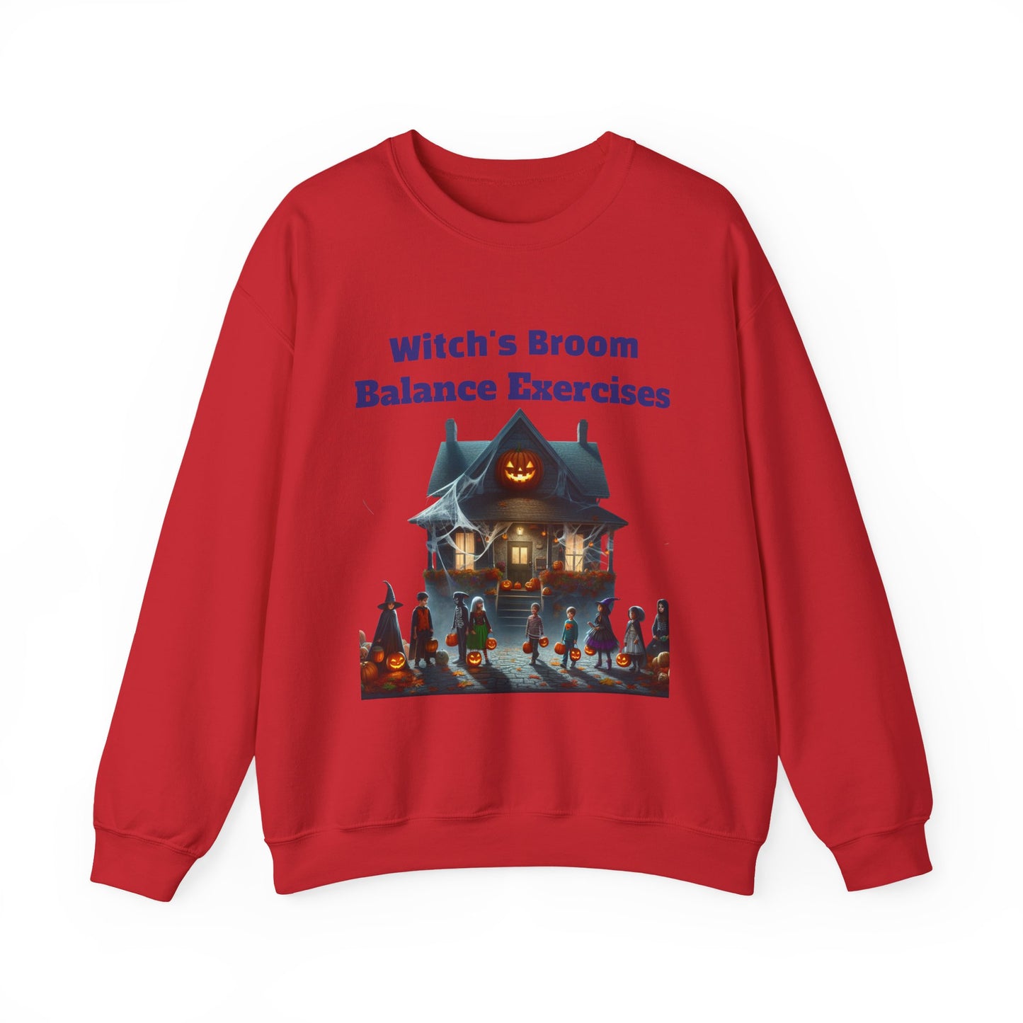 Halloween-Themed Crewneck Sweatshirt with Witch's Broom Balance Exercises