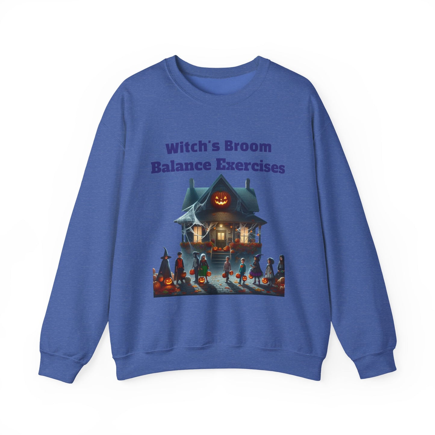 Halloween-Themed Crewneck Sweatshirt with Witch's Broom Balance Exercises
