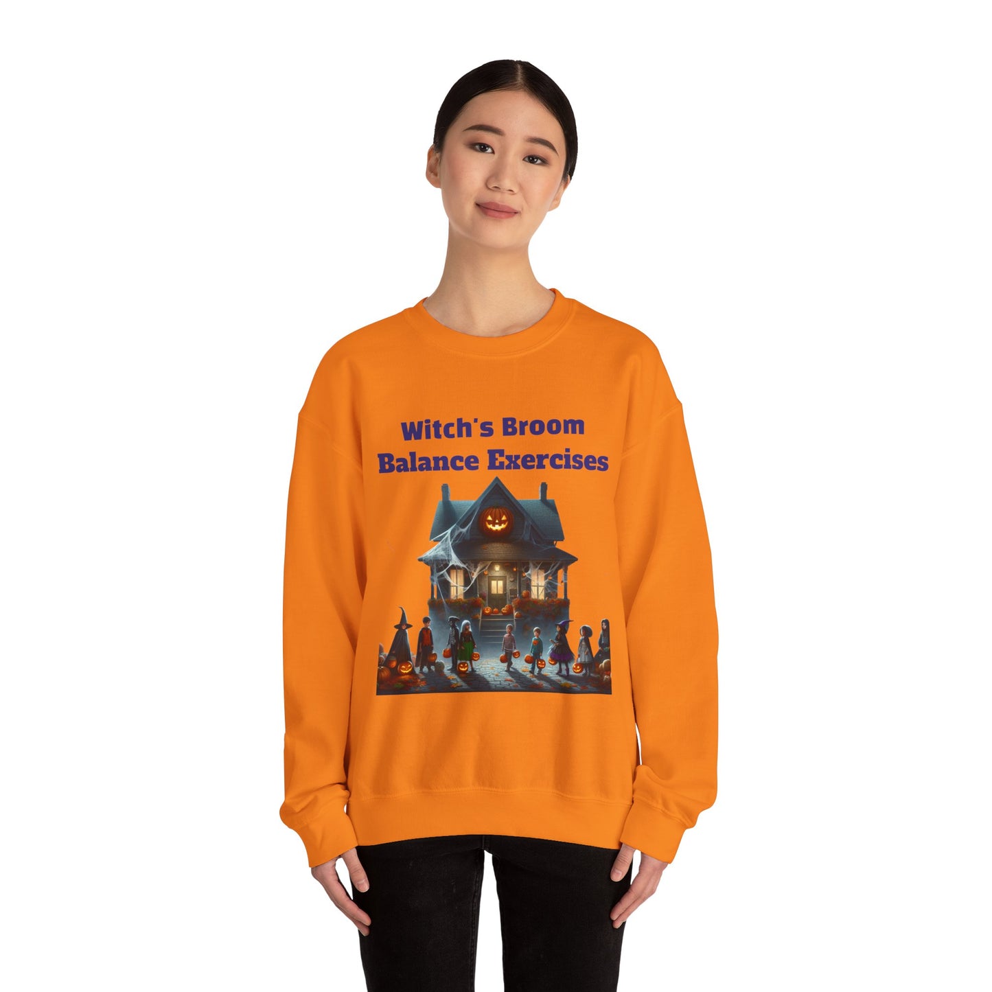 Halloween-Themed Crewneck Sweatshirt with Witch's Broom Balance Exercises