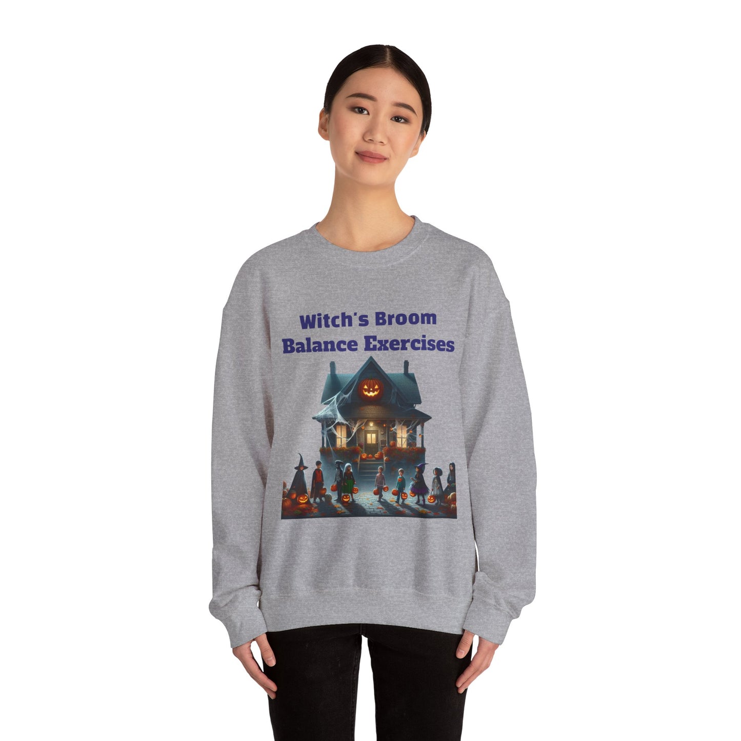 Halloween-Themed Crewneck Sweatshirt with Witch's Broom Balance Exercises