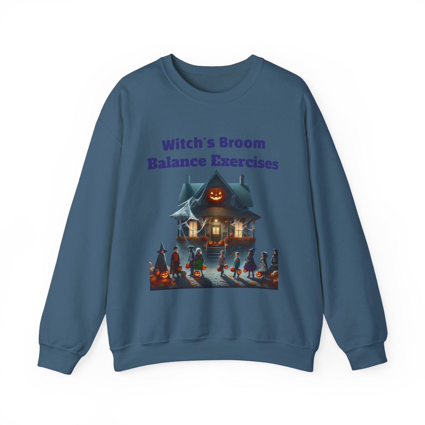 Halloween-Themed Crewneck Sweatshirt with Witch's Broom Balance Exercises