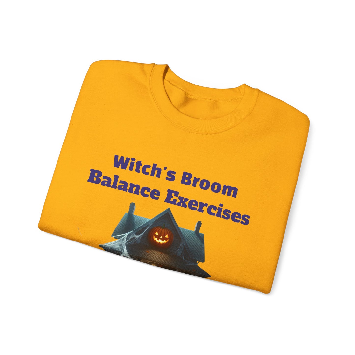 Halloween-Themed Crewneck Sweatshirt with Witch's Broom Balance Exercises