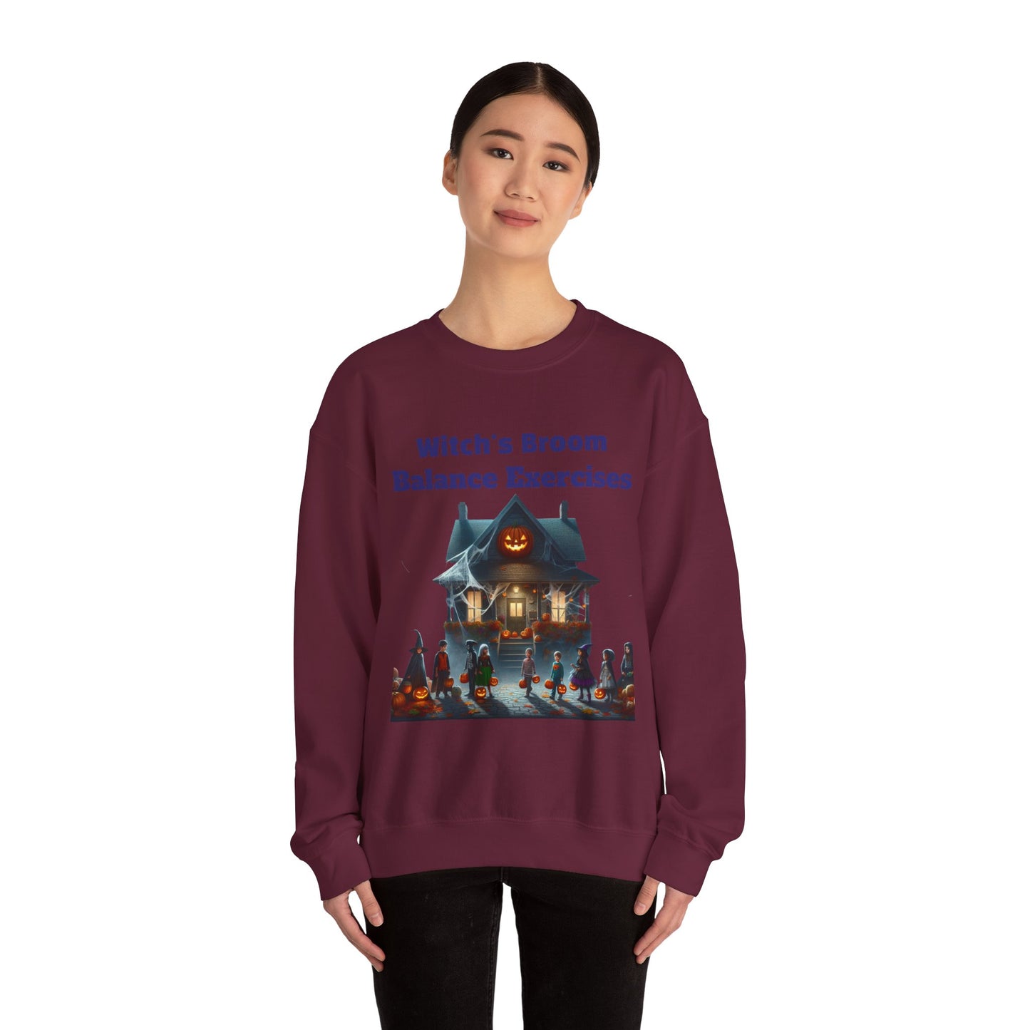 Halloween-Themed Crewneck Sweatshirt with Witch's Broom Balance Exercises