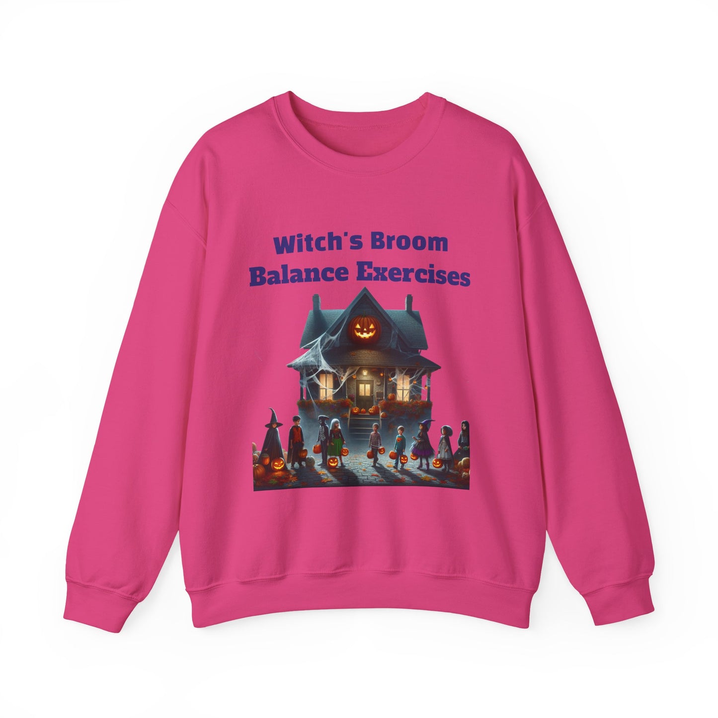 Halloween-Themed Crewneck Sweatshirt with Witch's Broom Balance Exercises