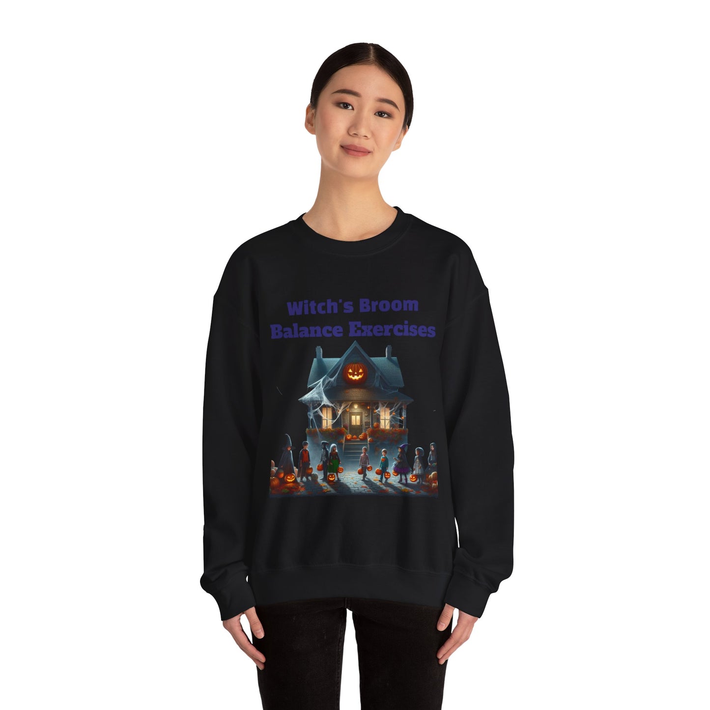 Halloween-Themed Crewneck Sweatshirt with Witch's Broom Balance Exercises