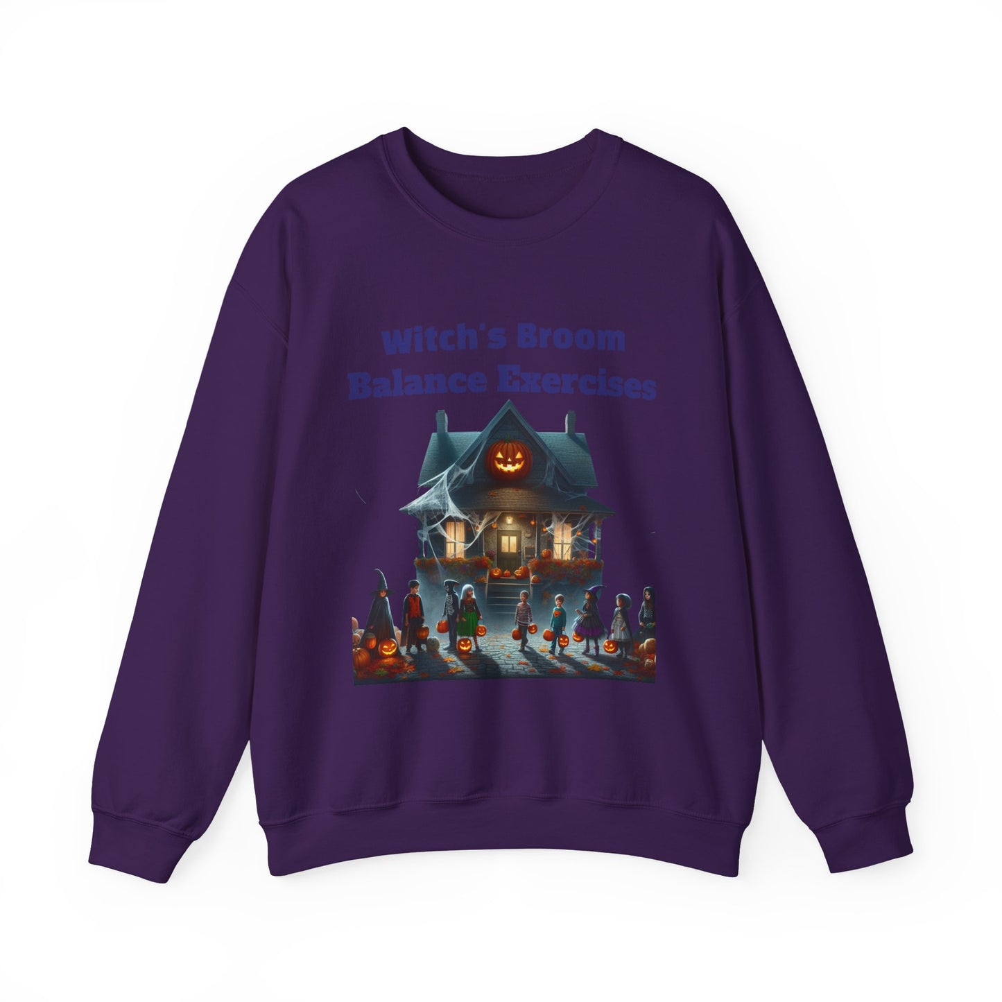 Halloween-Themed Crewneck Sweatshirt with Witch's Broom Balance Exercises
