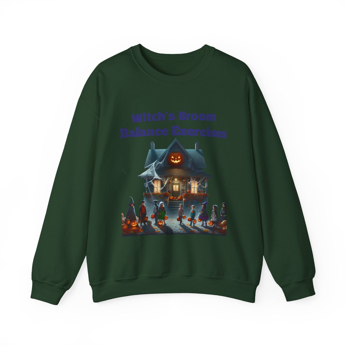 Halloween-Themed Crewneck Sweatshirt with Witch's Broom Balance Exercises
