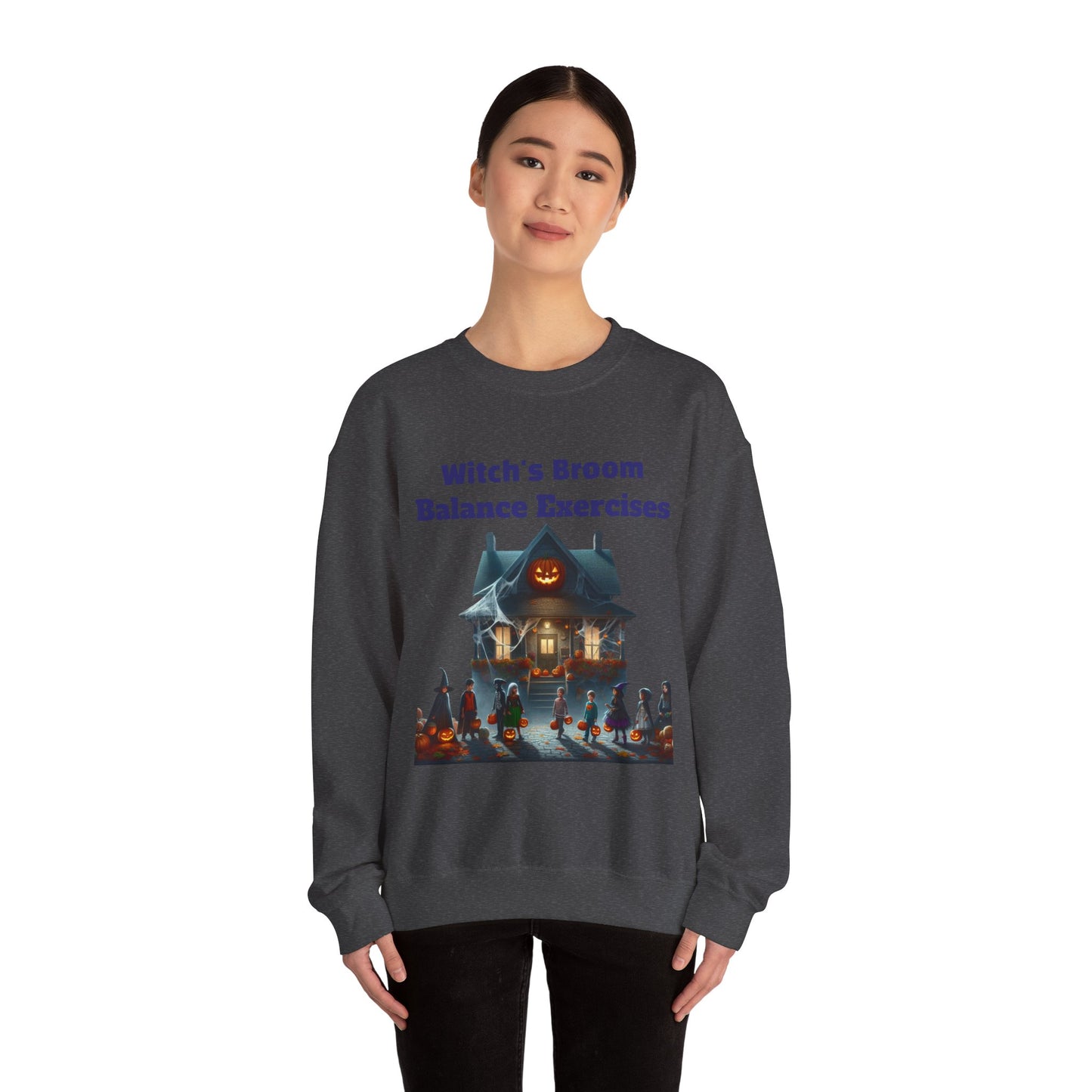 Halloween-Themed Crewneck Sweatshirt with Witch's Broom Balance Exercises