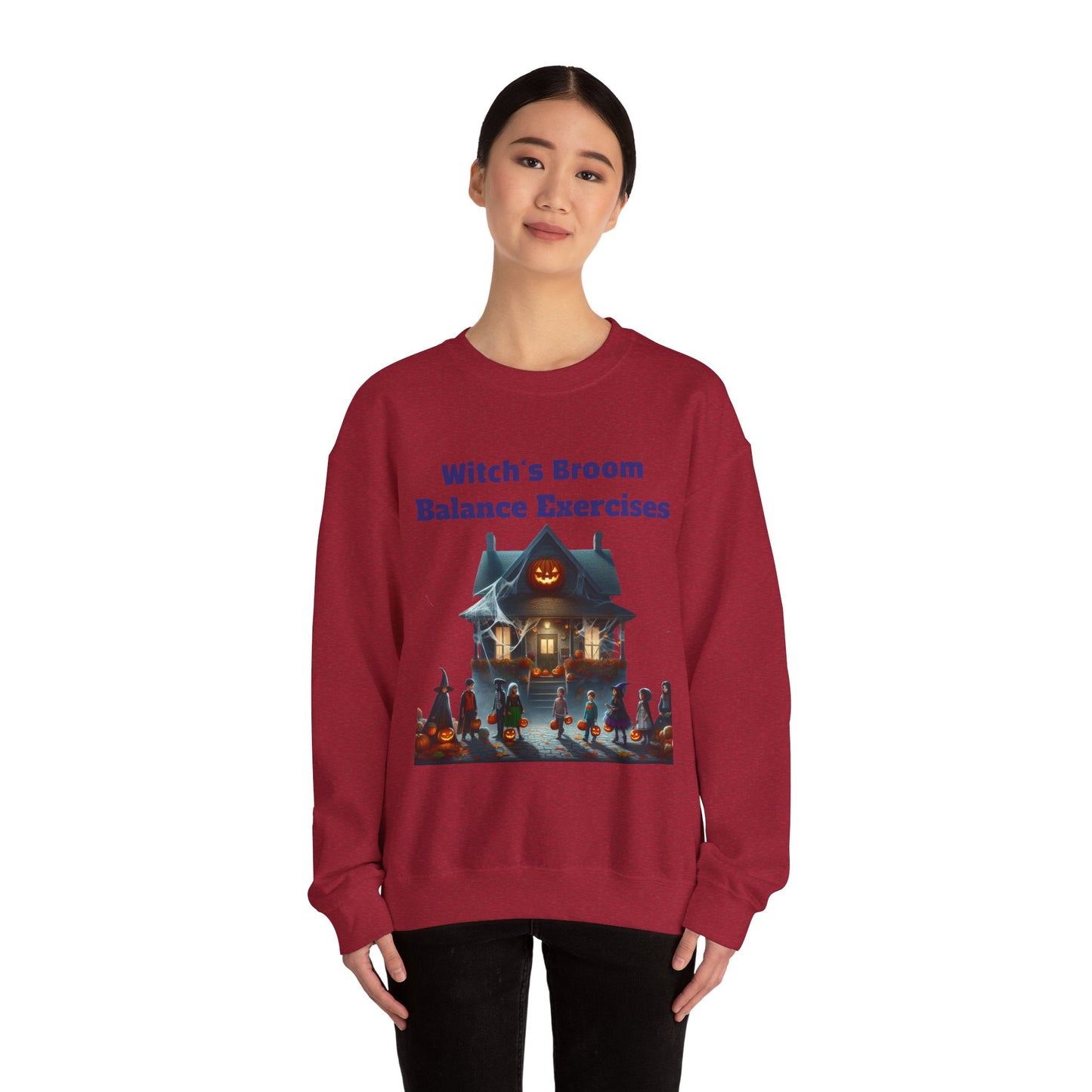 Halloween-Themed Crewneck Sweatshirt with Witch's Broom Balance Exercises