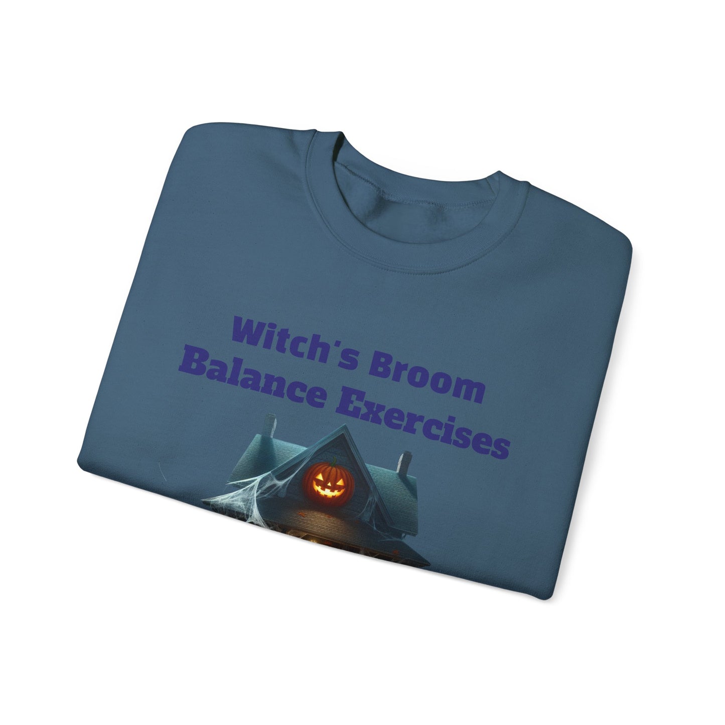 Halloween-Themed Crewneck Sweatshirt with Witch's Broom Balance Exercises