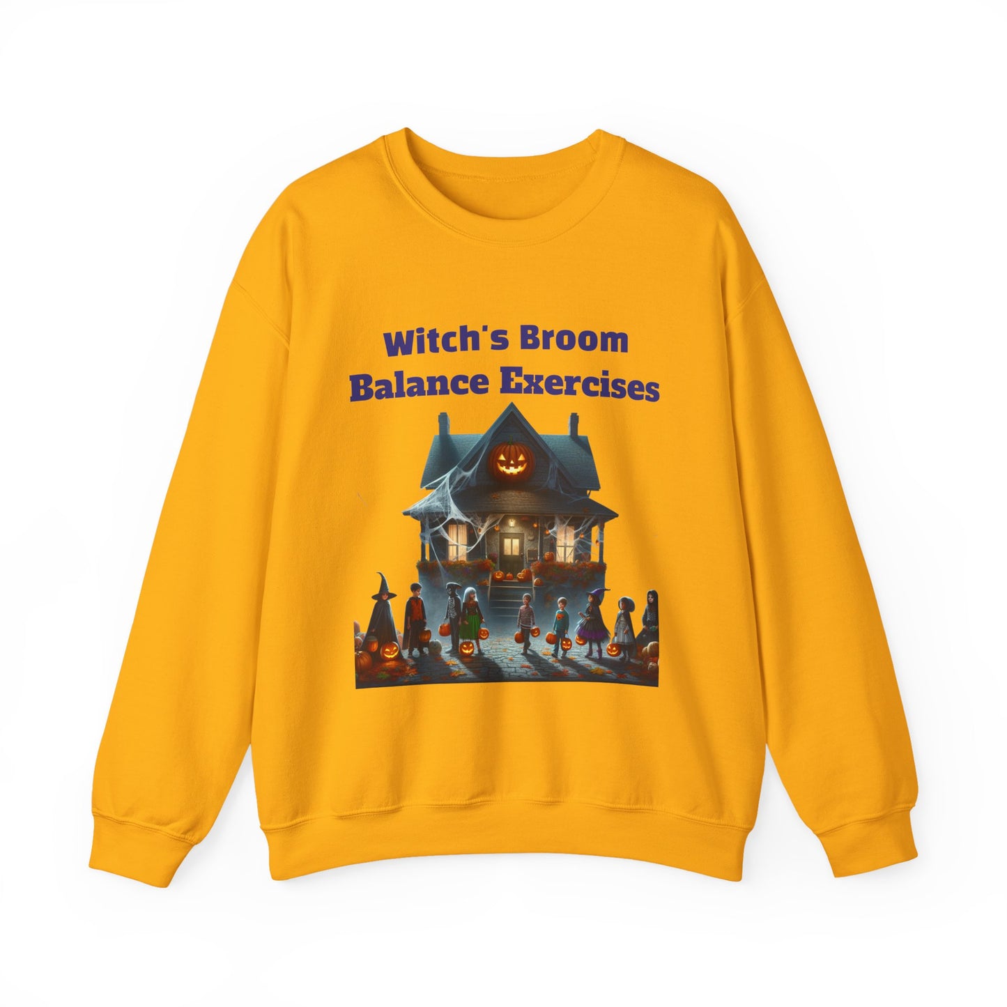 Halloween-Themed Crewneck Sweatshirt with Witch's Broom Balance Exercises