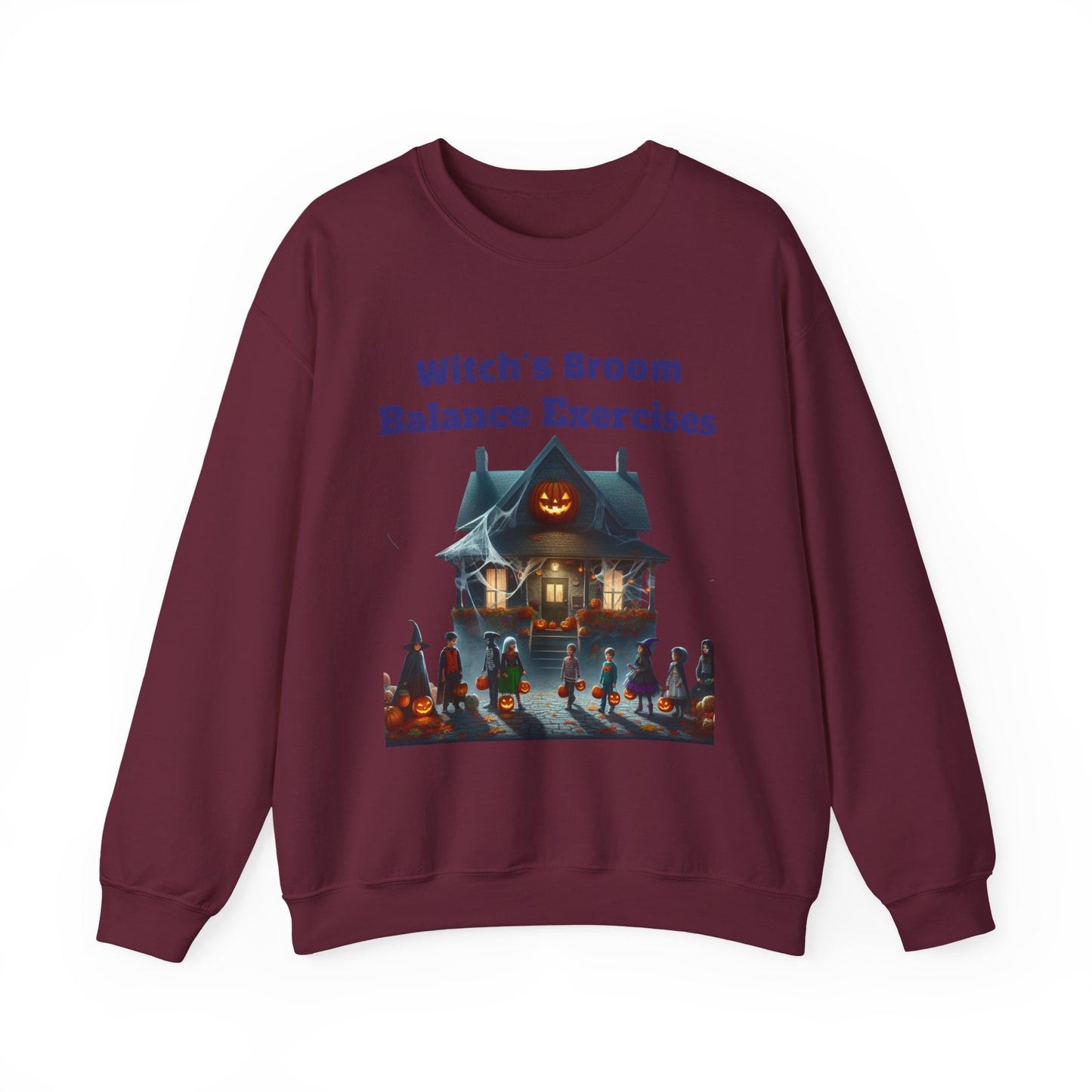 Halloween-Themed Crewneck Sweatshirt with Witch's Broom Balance Exercises