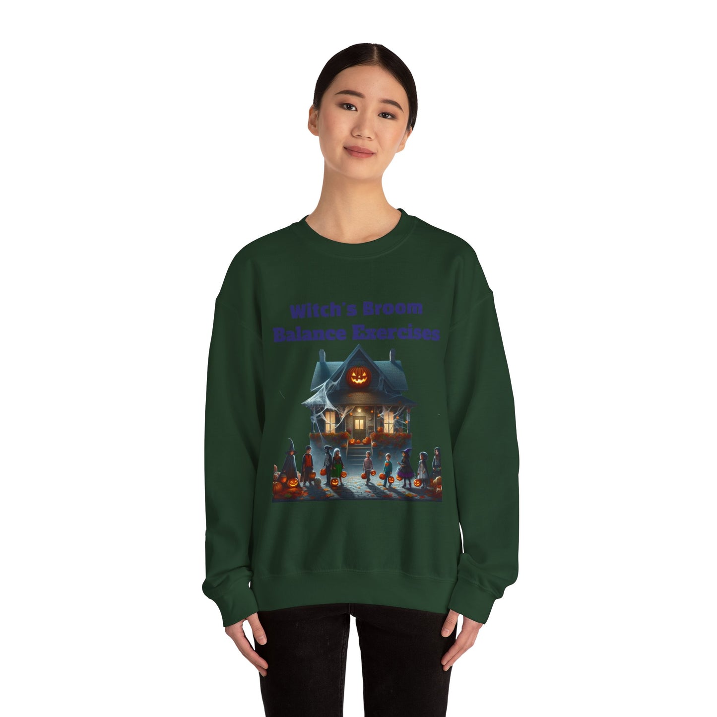 Halloween-Themed Crewneck Sweatshirt with Witch's Broom Balance Exercises