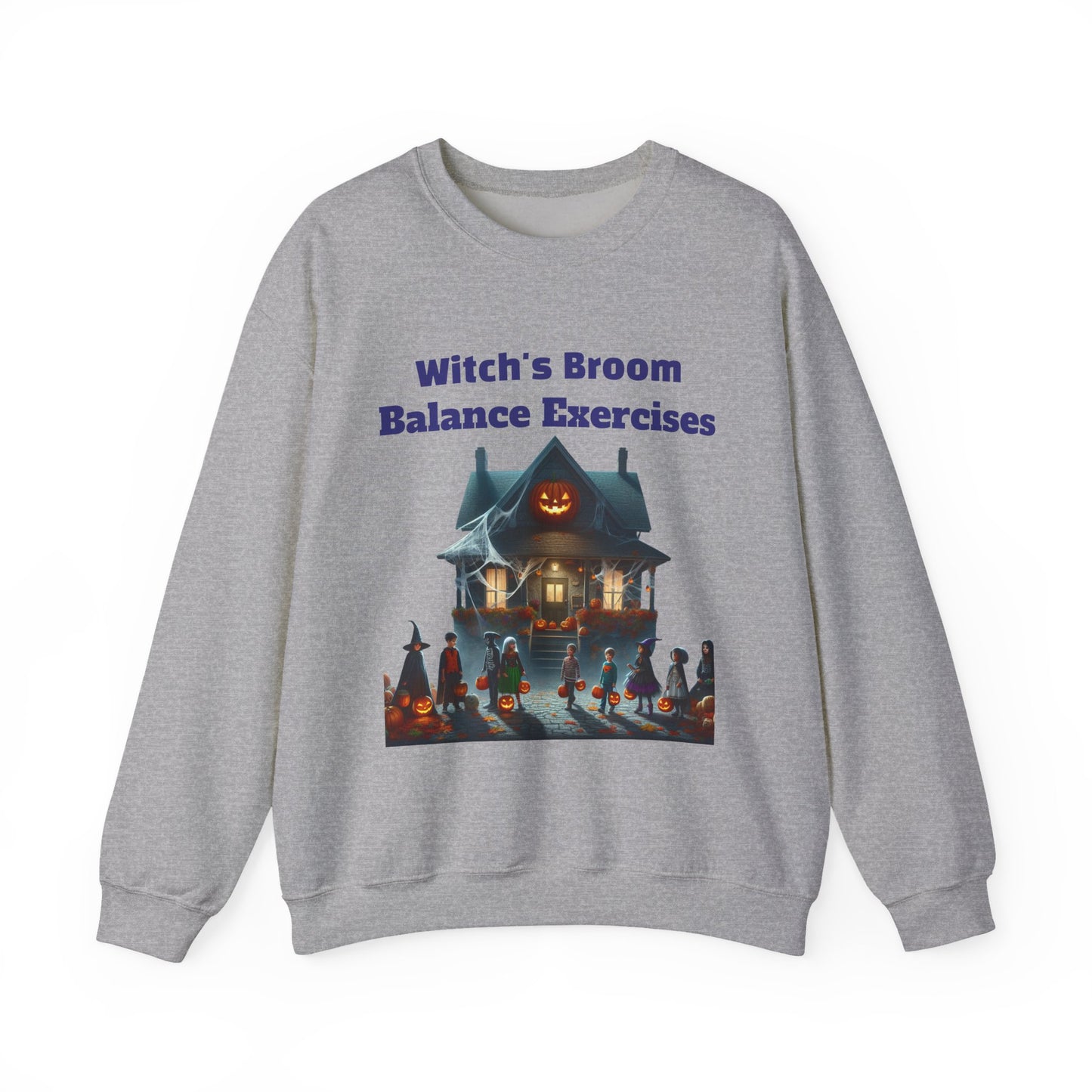 Halloween-Themed Crewneck Sweatshirt with Witch's Broom Balance Exercises