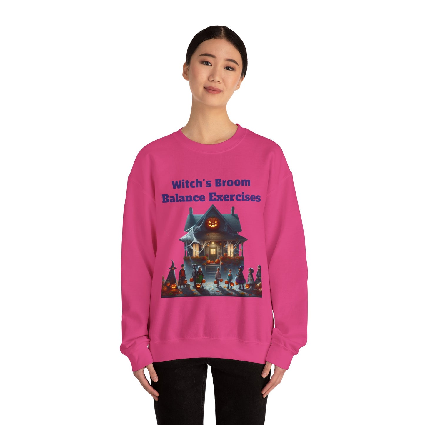Halloween-Themed Crewneck Sweatshirt with Witch's Broom Balance Exercises