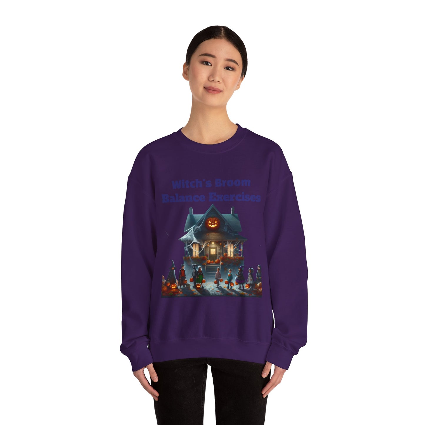 Halloween-Themed Crewneck Sweatshirt with Witch's Broom Balance Exercises