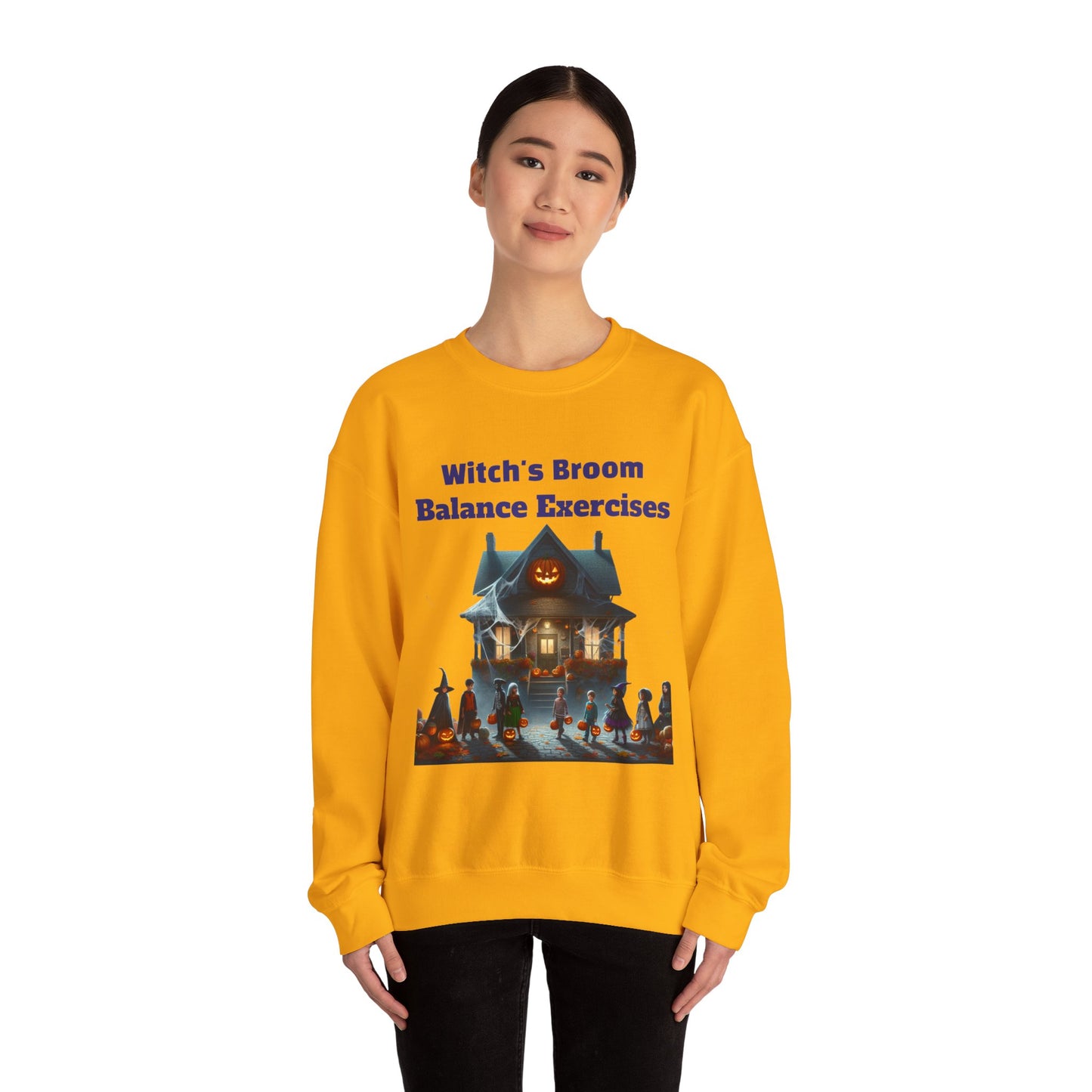 Halloween-Themed Crewneck Sweatshirt with Witch's Broom Balance Exercises