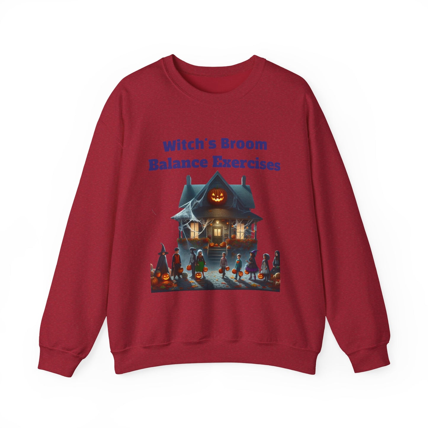 Halloween-Themed Crewneck Sweatshirt with Witch's Broom Balance Exercises