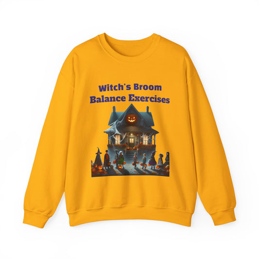 Halloween-Themed Crewneck Sweatshirt with Witch's Broom Balance Exercises